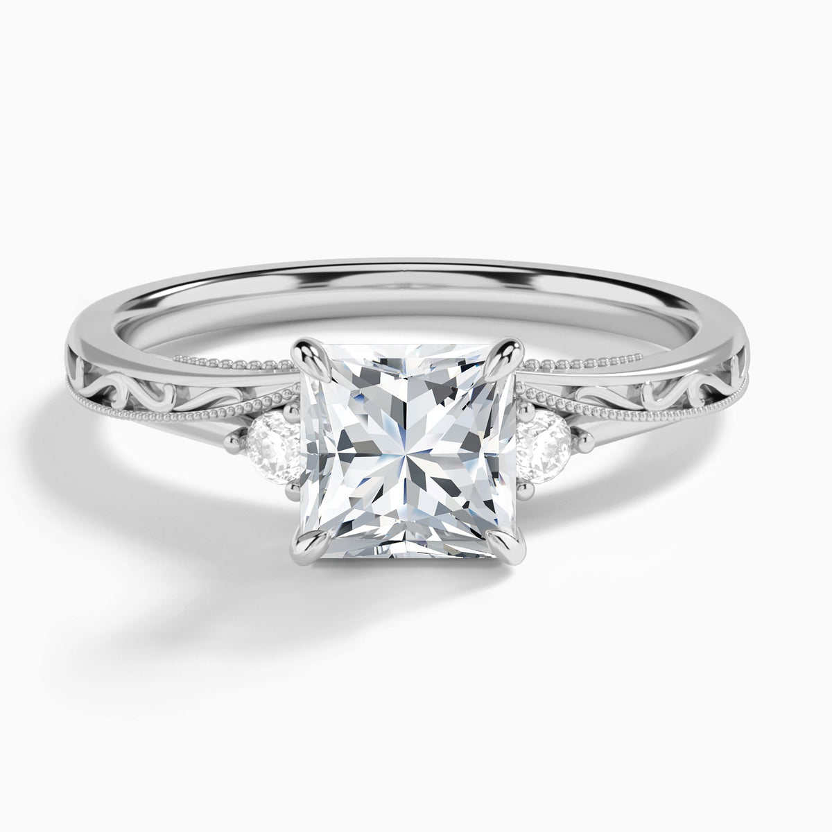 Princess Capella Engraved Lab Diamond Engagement Ring In 14K White Gold - Lucenjuri