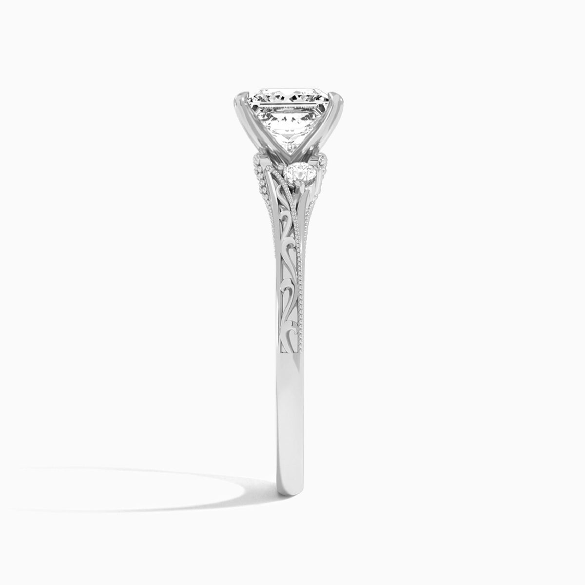 Princess Capella Engraved Lab Diamond Engagement Ring In 14K White Gold, Side View