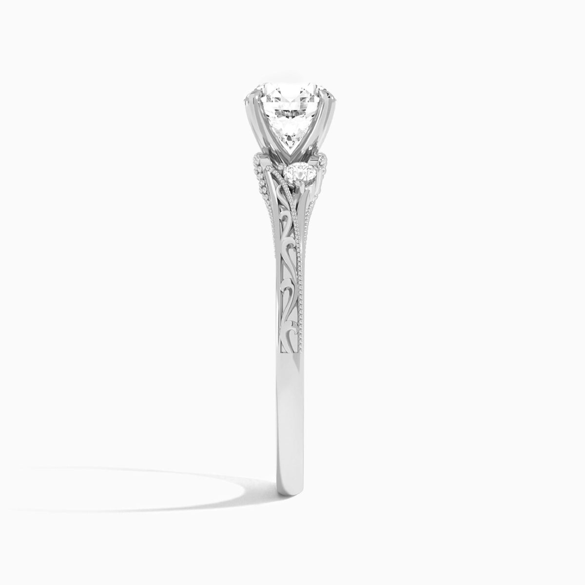 Round Capella Engraved Lab Diamond Engagement Ring In 18K White Gold, Side View