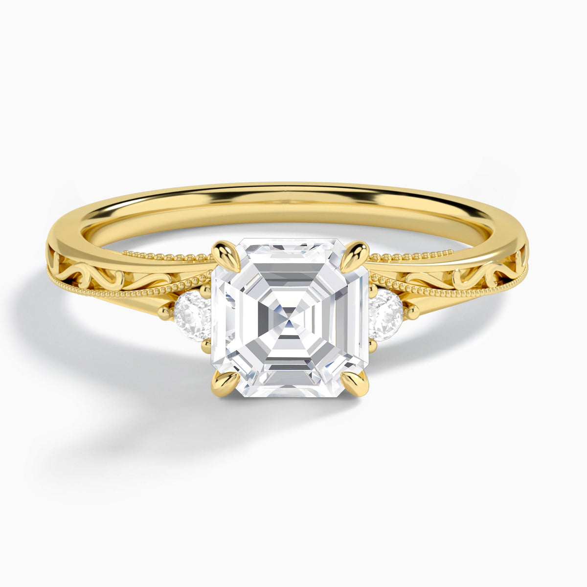 Asscher Capella Engraved Lab Diamond Engagement Ring In 18K Yellow Gold - Lucenjuri