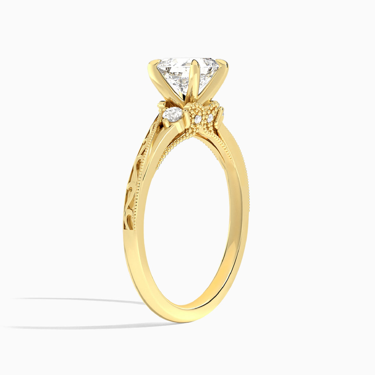 Asscher Capella Engraved Lab Diamond Engagement Ring In 18K Yellow Gold, Angle View