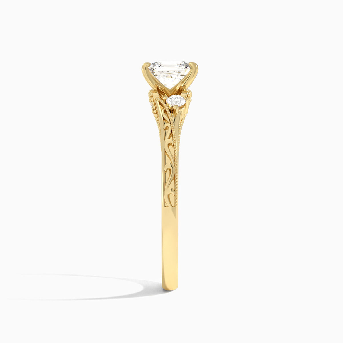 Asscher Capella Engraved Lab Diamond Engagement Ring In 18K Yellow Gold, Side View