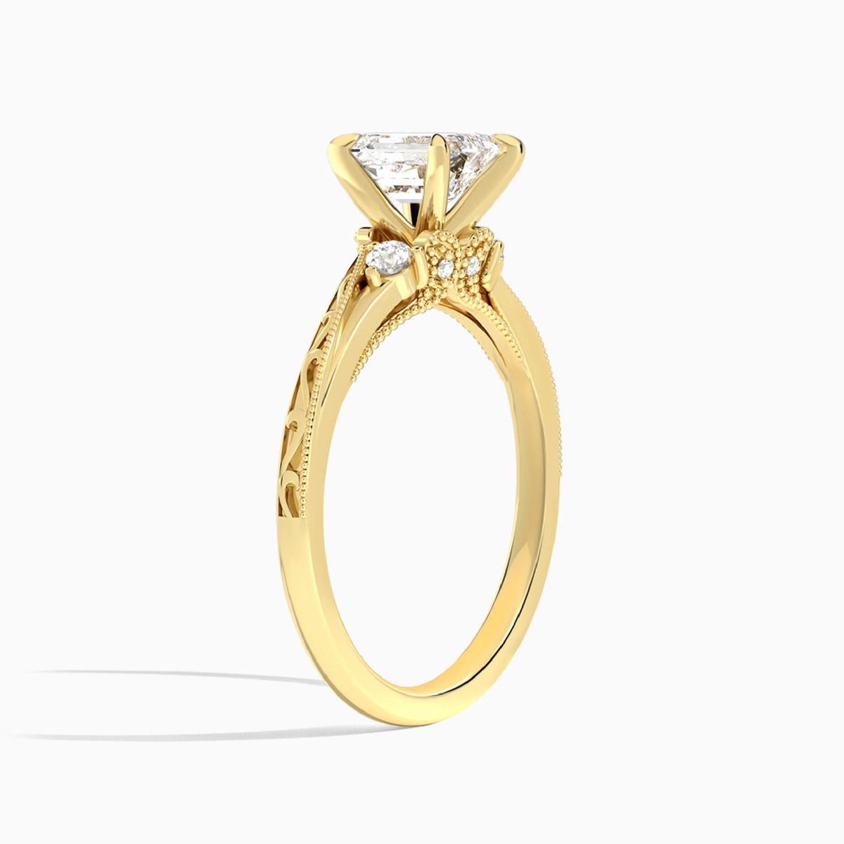 Emerald Capella Engraved Lab Diamond Engagement Ring In 18K Yellow Gold, Angle View