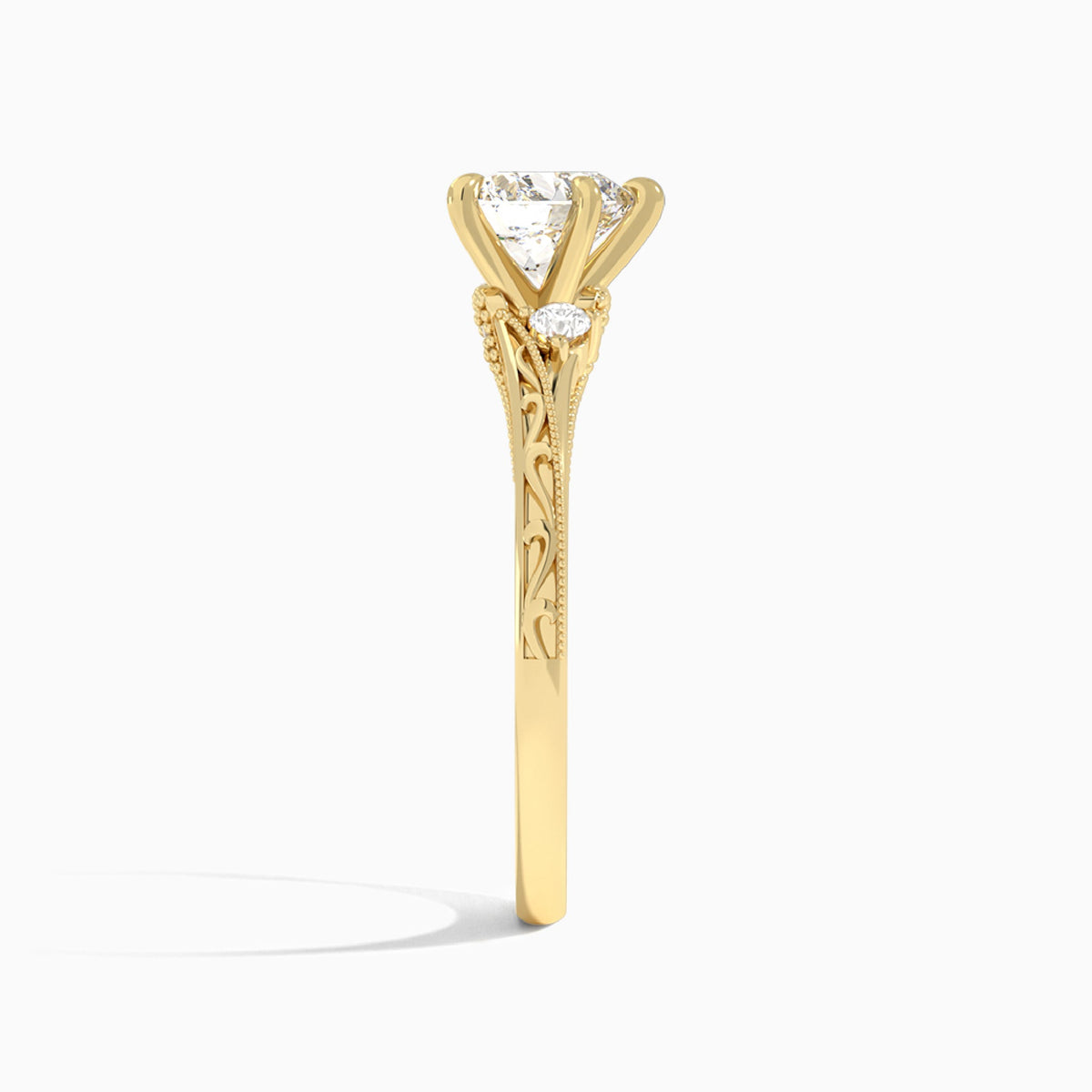 Heart Capella Engraved Lab Diamond Engagement Ring In 18K Yellow Gold, Side View