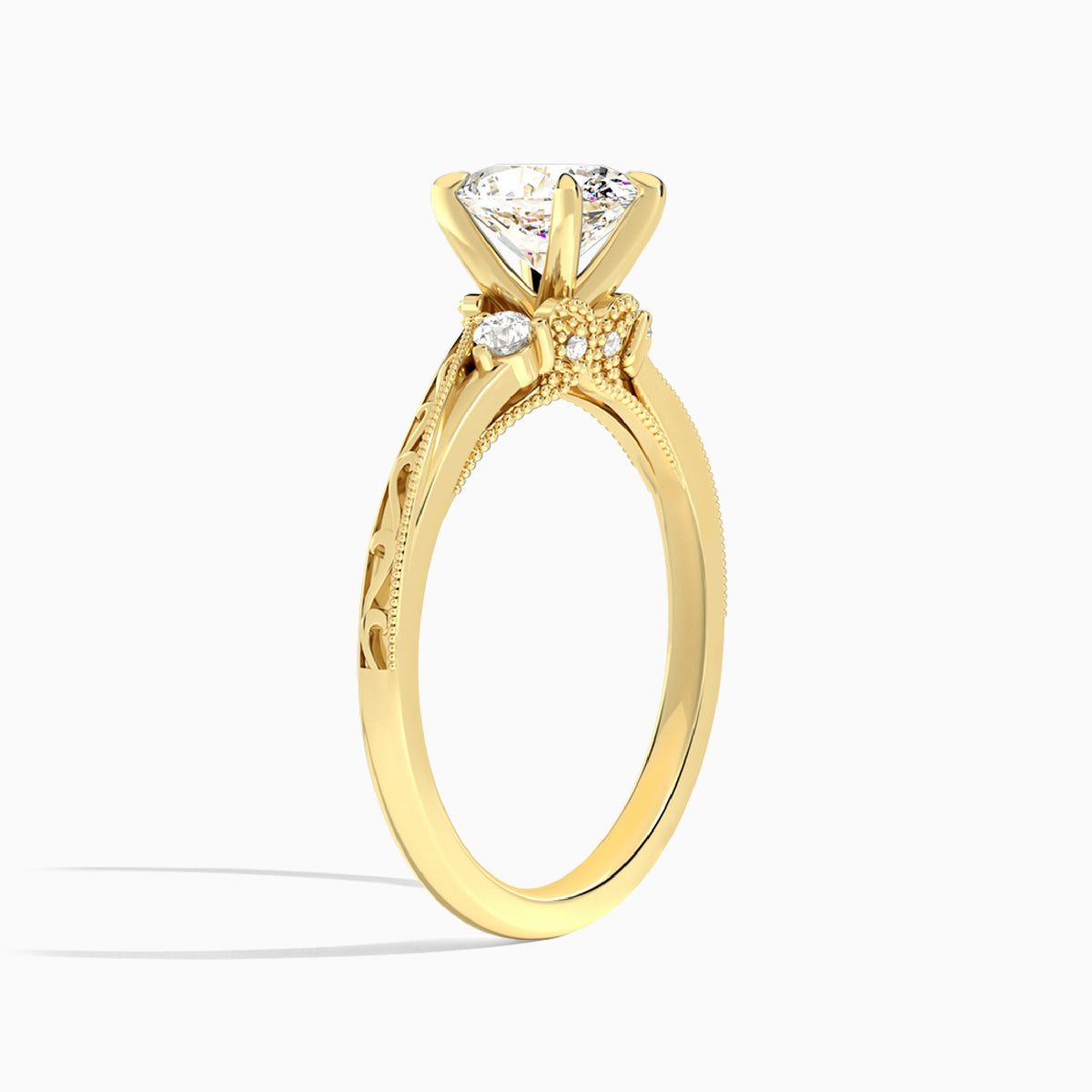 Oval Capella Engraved Lab Diamond Engagement Ring In 18K Yellow Gold, Angle View
