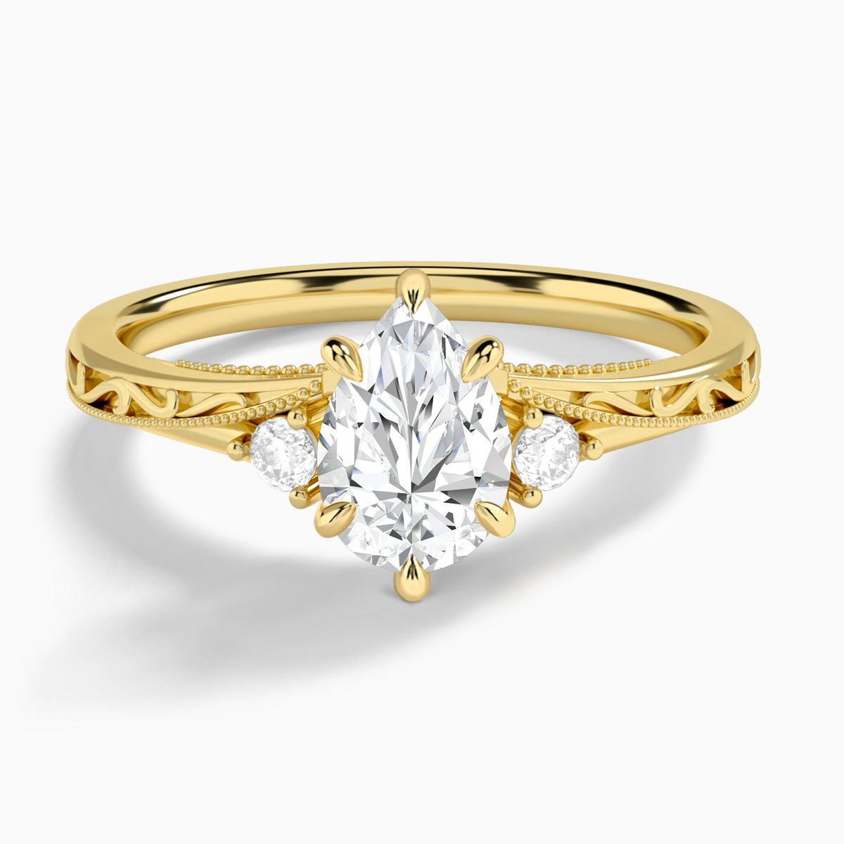 Pear Capella Engraved Lab Diamond Engagement Ring In 18K Yellow Gold - Lucenjuri