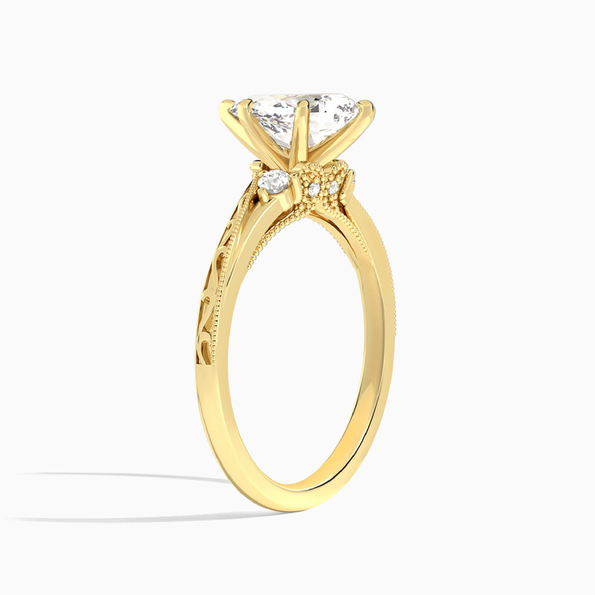 Pear Capella Engraved Lab Diamond Engagement Ring In 18K Yellow Gold, Angle View