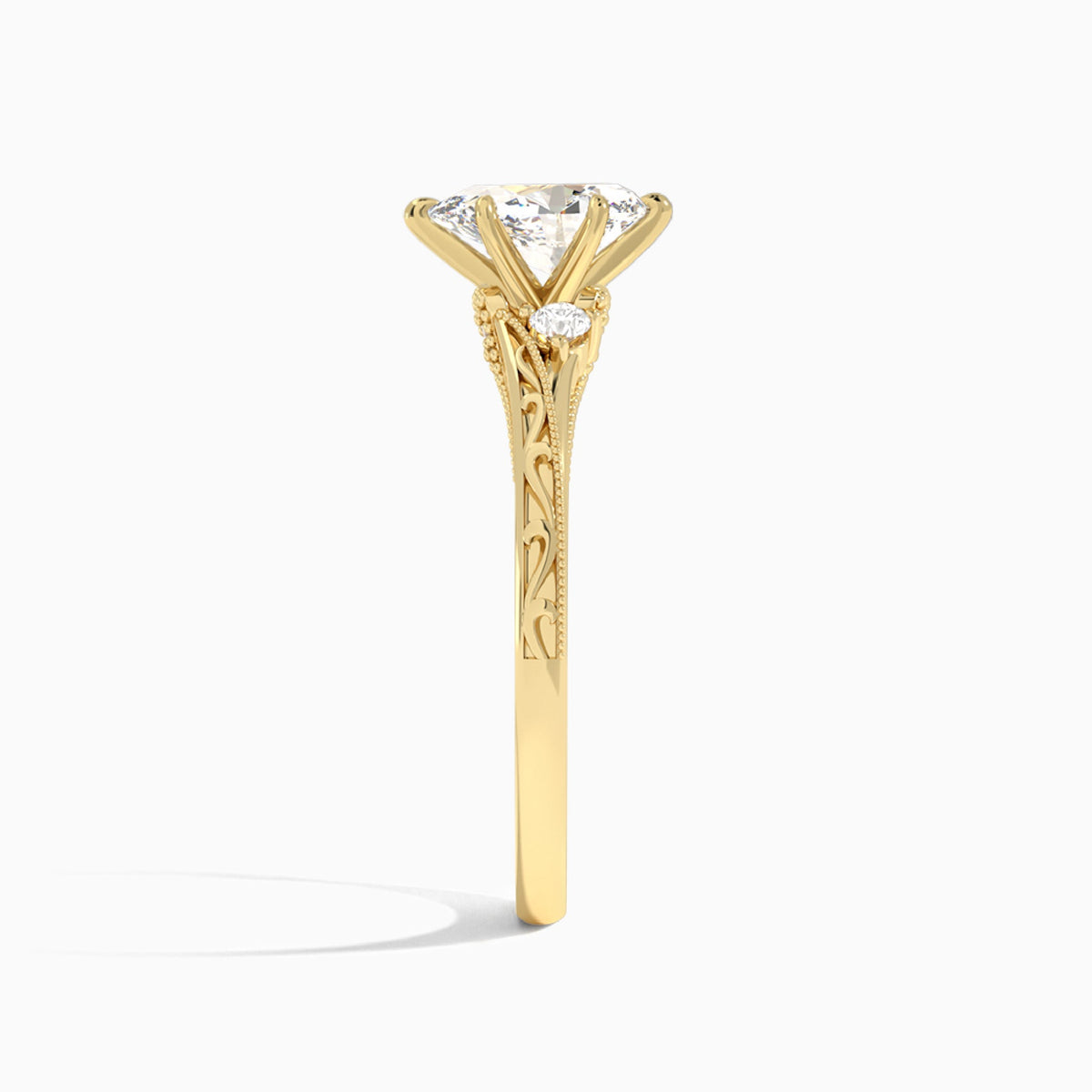 Pear Capella Engraved Lab Diamond Engagement Ring In 18K Yellow Gold, Side View
