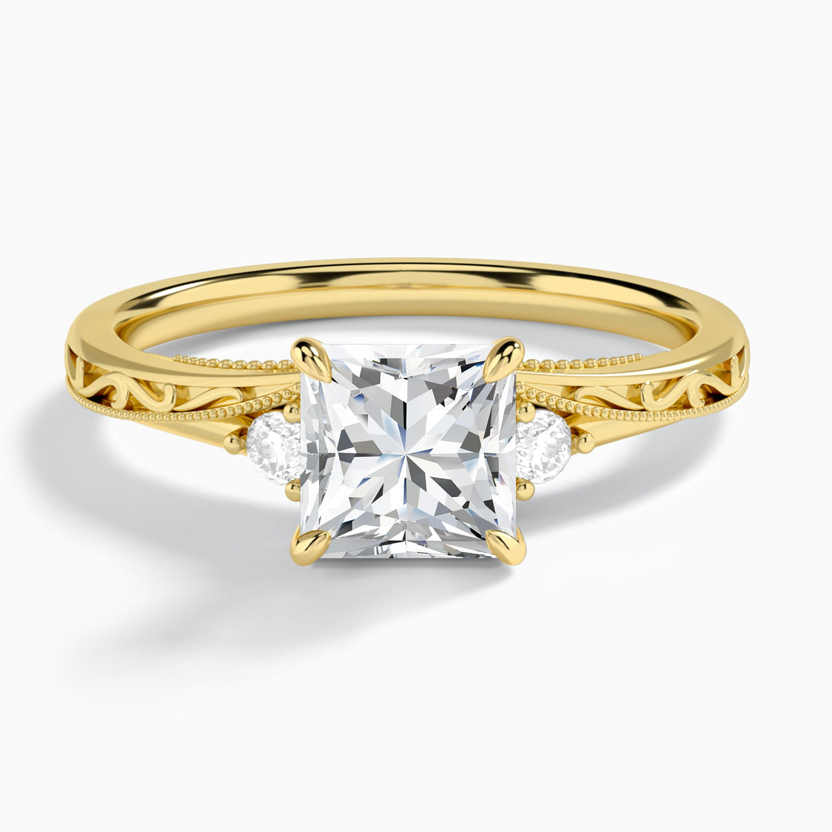 Princess Capella Engraved Lab Diamond Engagement Ring In 18K Yellow Gold - Lucenjuri