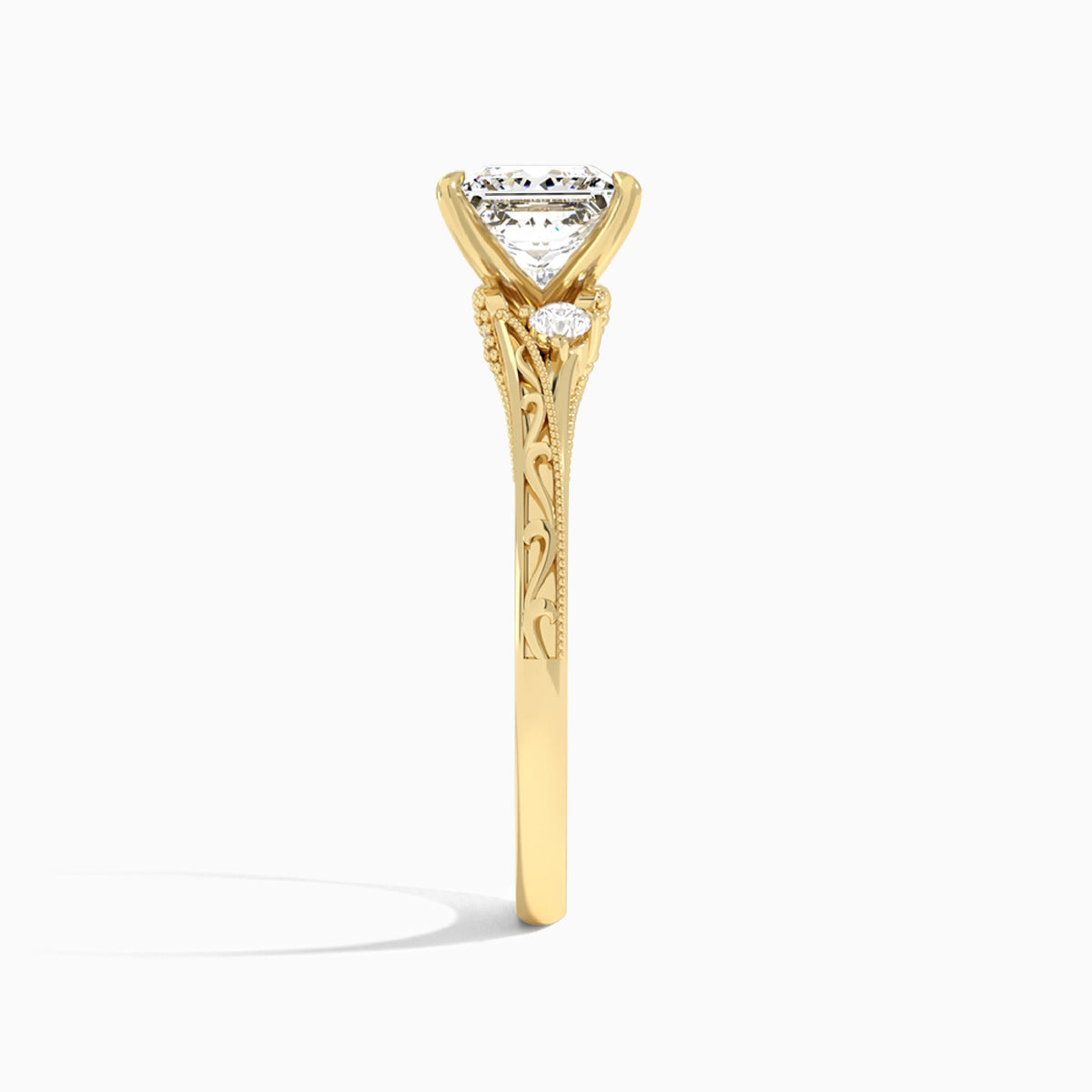 Princess Capella Engraved Lab Diamond Engagement Ring In 14K Yellow Gold, Side View