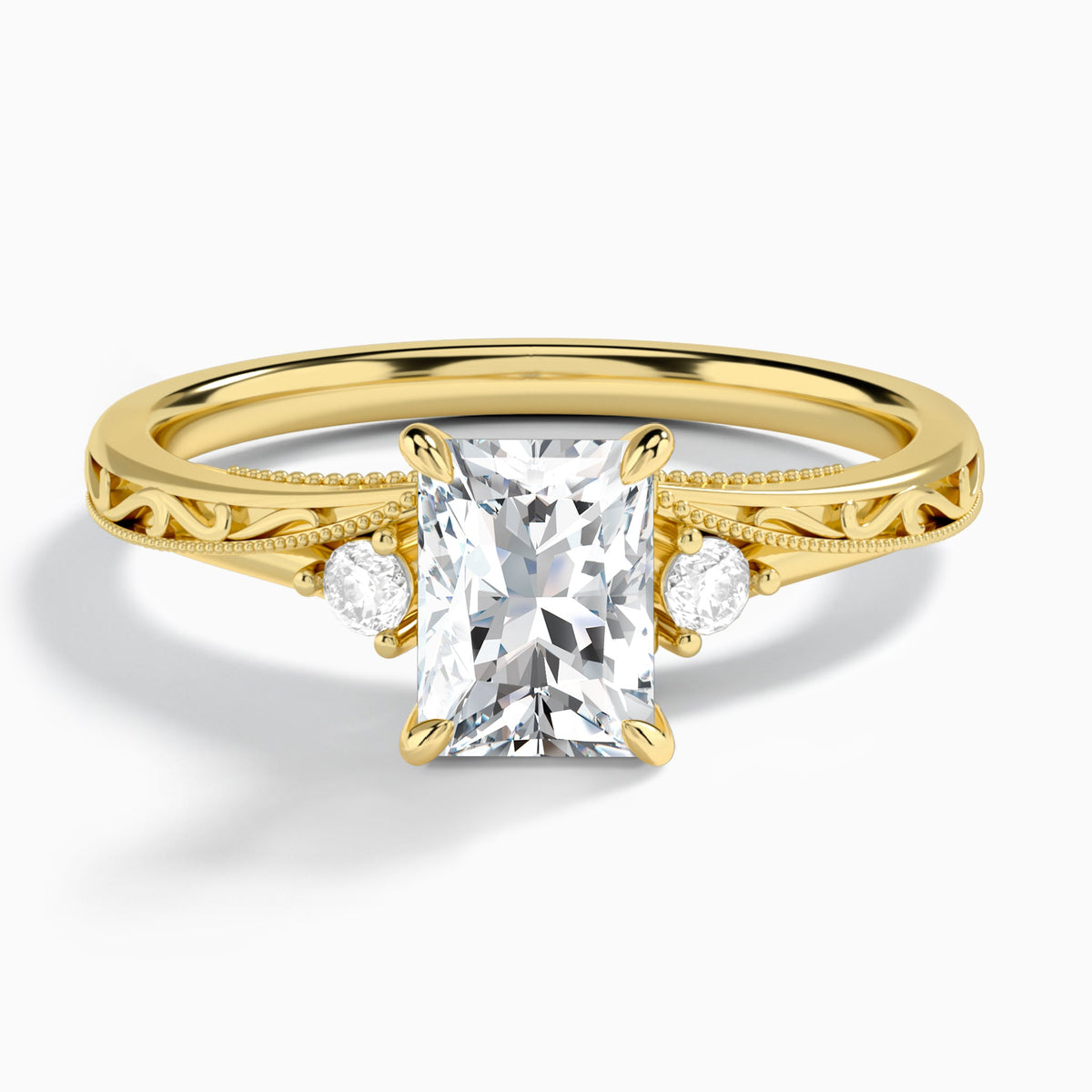 Radiant Capella Engraved Lab Diamond Engagement Ring In 14K Yellow Gold - Lucenjuri