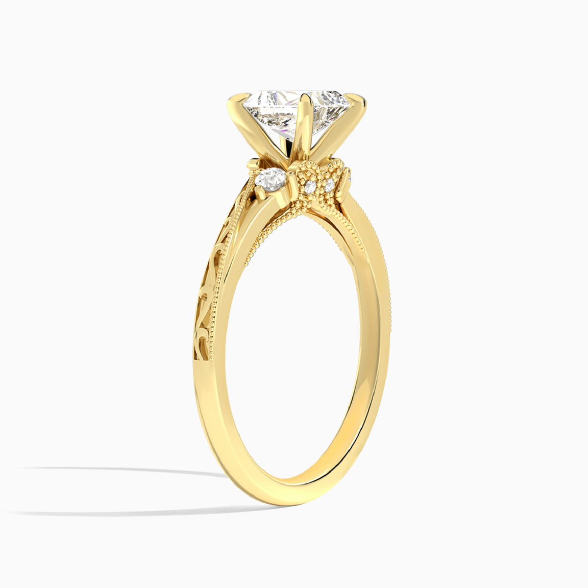 Radiant Capella Engraved Lab Diamond Engagement Ring In 18K Yellow Gold, Angle View