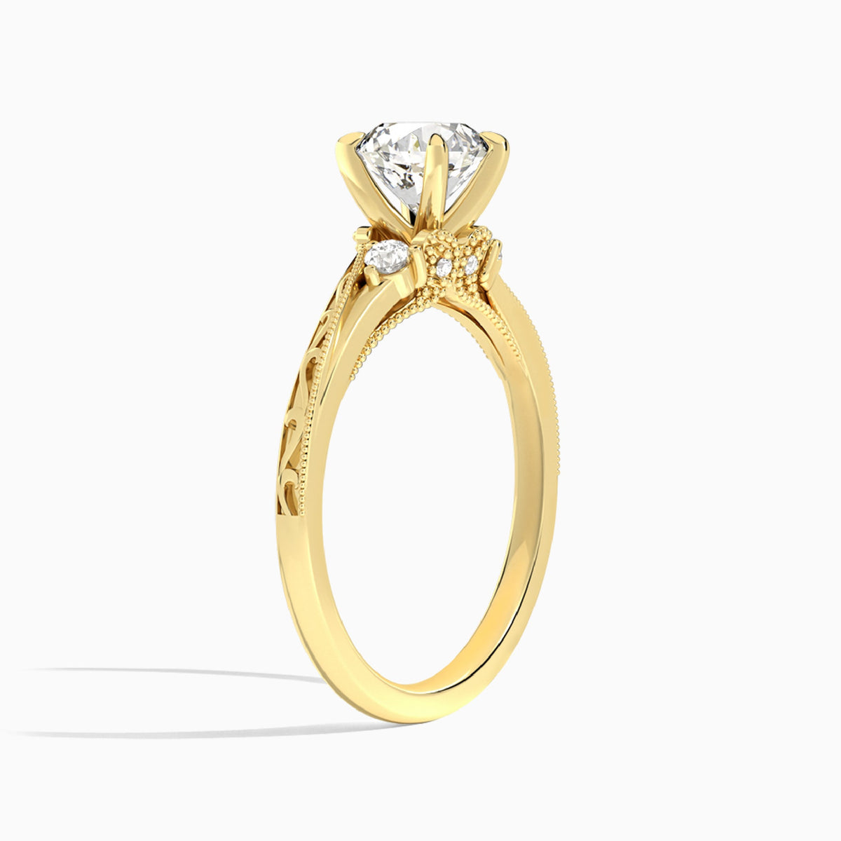 Round Capella Engraved Lab Diamond Engagement Ring In 14K Yellow Gold, Angle View