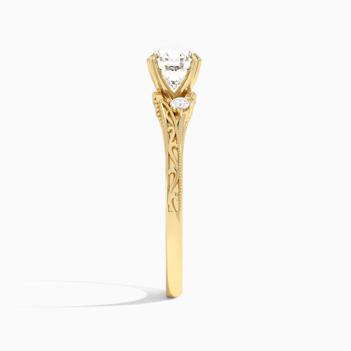 Round Capella Engraved Lab Diamond Engagement Ring In 14K Yellow Gold, Side View