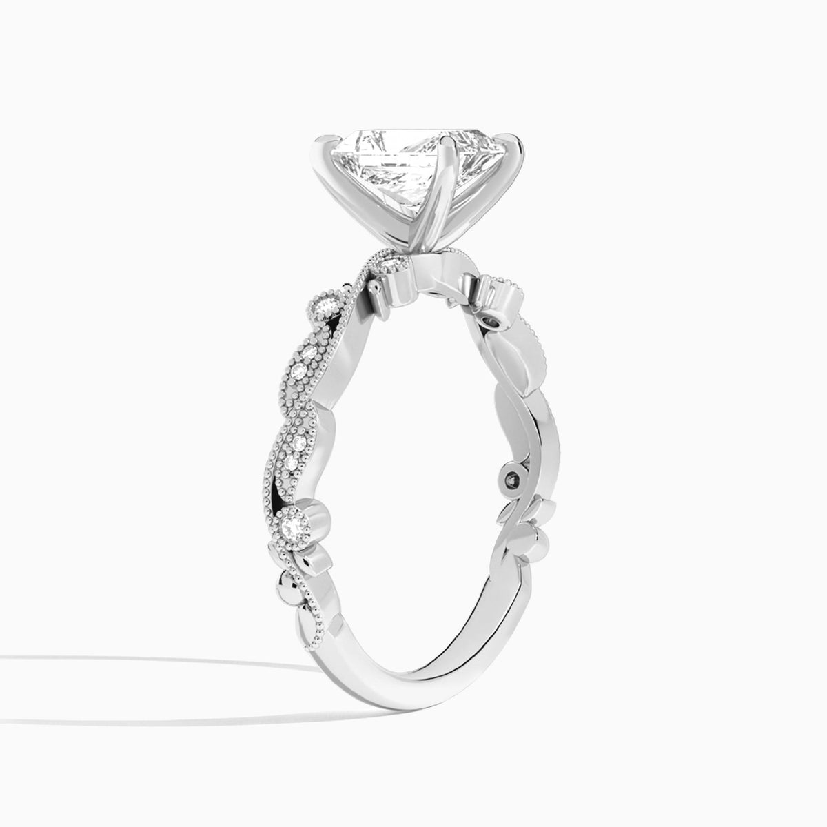 Radiant Selena Lab Grown Diamond Engagement Ring In 14K White Gold, Angle View