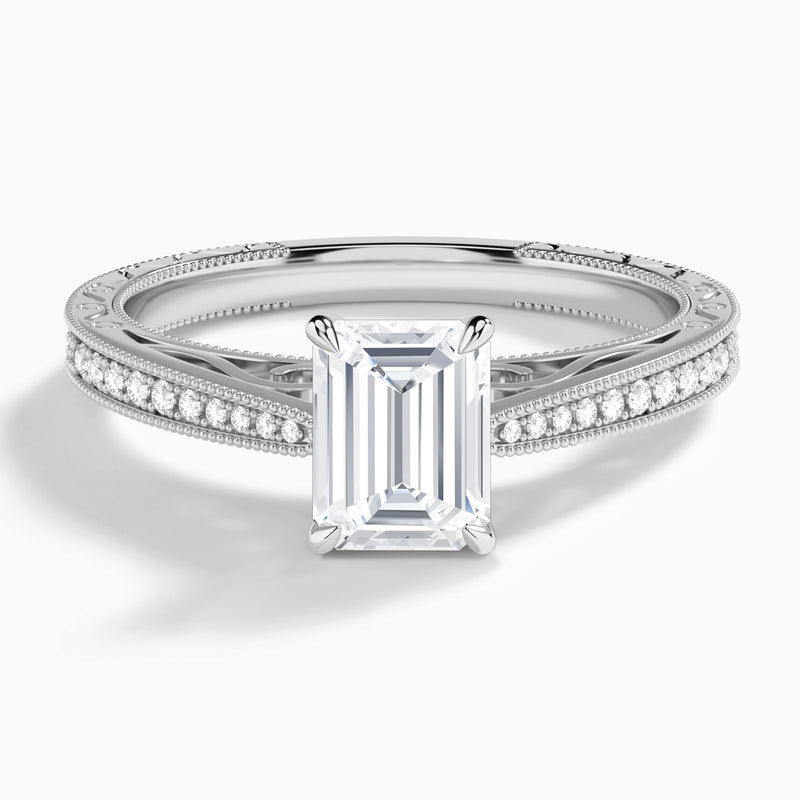 Emerald Engraved And Pavé Lab Grown Diamond Engagement Ring In Platinum - Lucenjuri