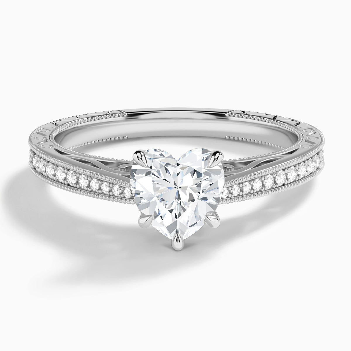 Heart Engraved And Pavé Lab Grown Diamond Engagement Ring In Platinum - Lucenjuri