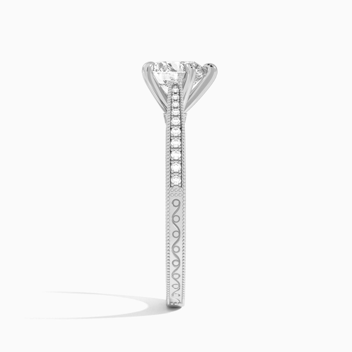 Heart Engraved And Pavé Lab Grown Diamond Engagement Ring In Platinum, Side View
