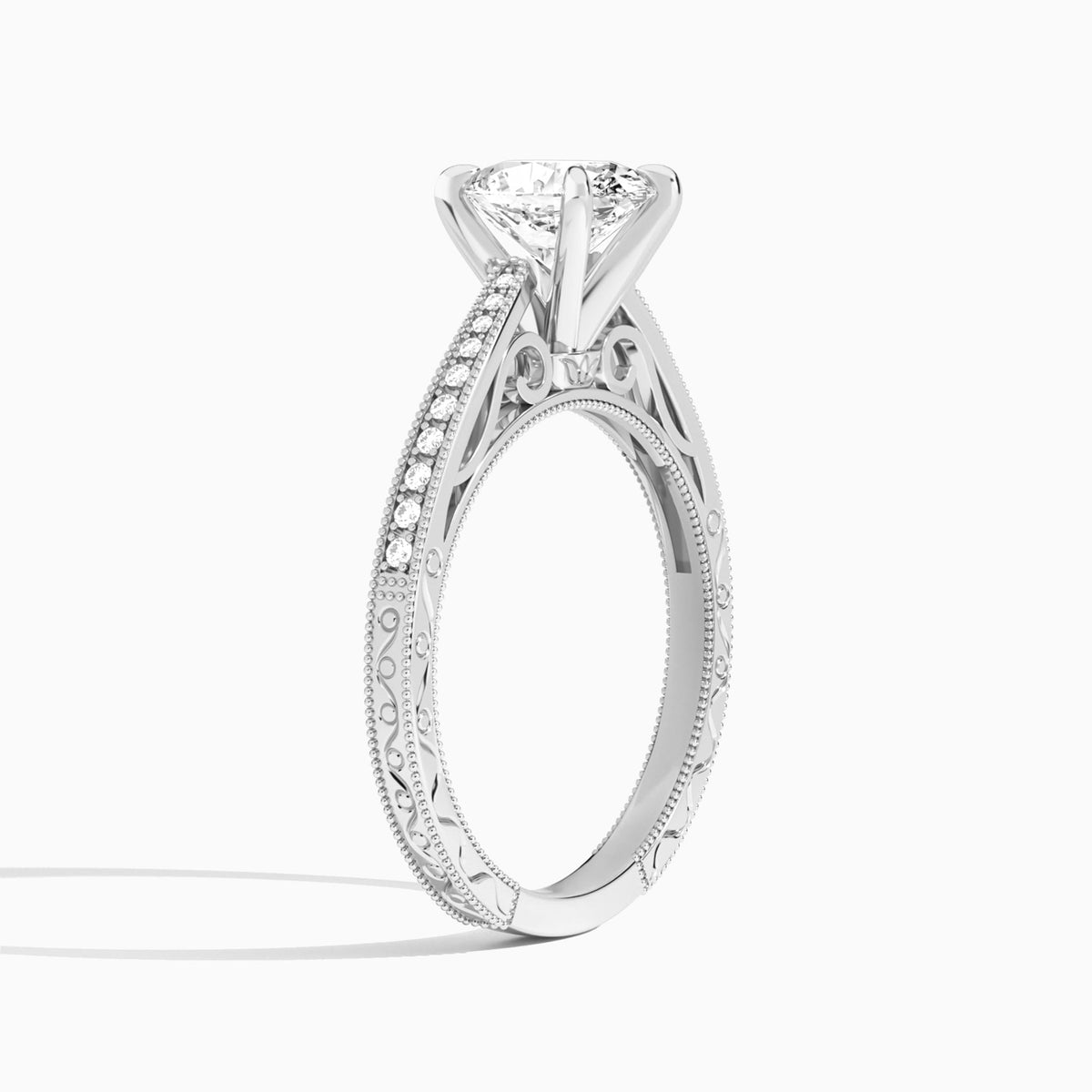 Oval Engraved And Pavé Lab Grown Diamond Engagement Ring In Platinum, Angle View