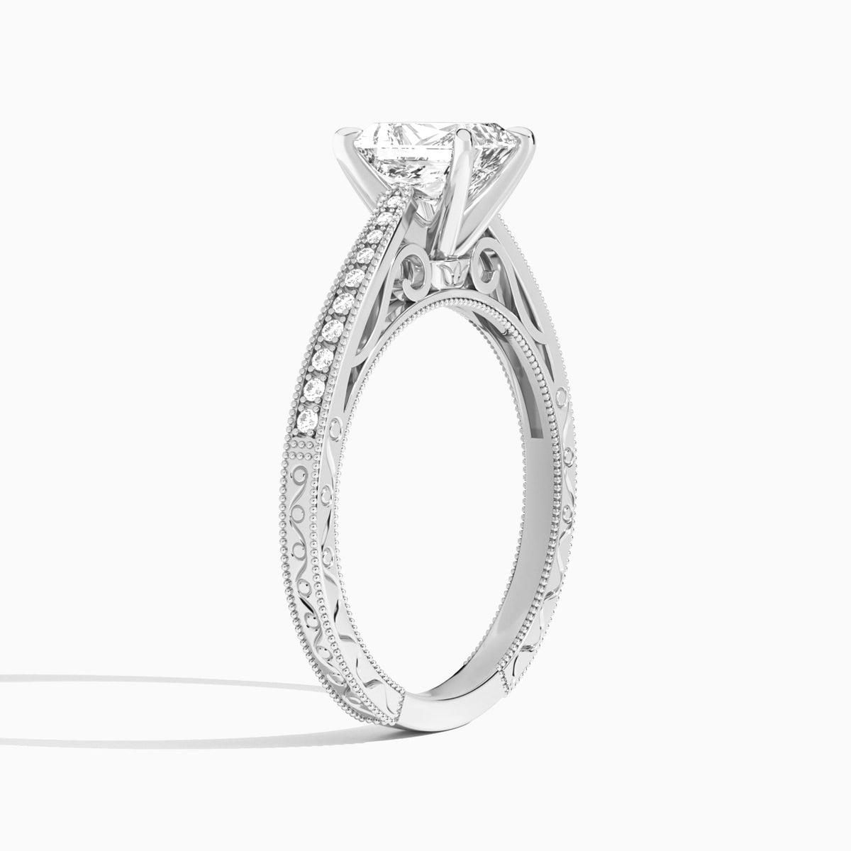 Radiant Engraved And Pavé Lab Grown Diamond Engagement Ring In Platinum, Angle View