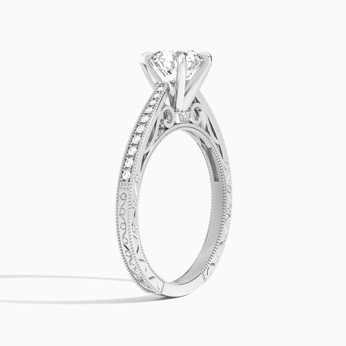 Round Engraved And Pavé Lab Grown Diamond Engagement Ring In Platinum, Angle View