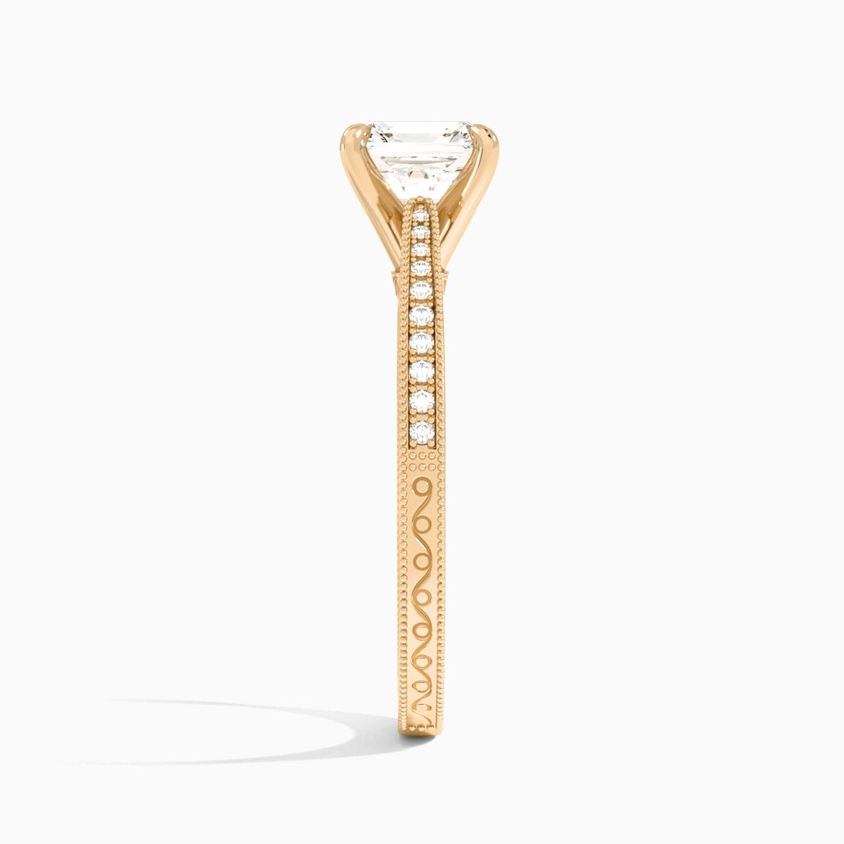 Asscher Engraved And Pavé Lab Grown Diamond Engagement Ring In 14K Rose Gold, Side View