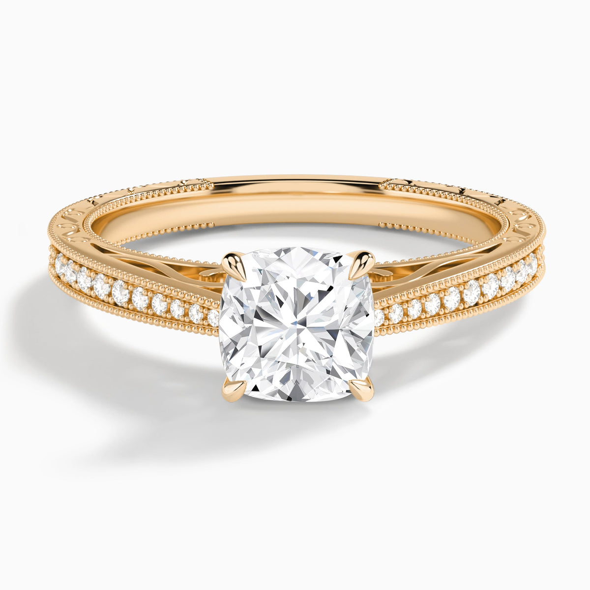 Cushion Engraved And Pavé Lab Grown Diamond Engagement Ring In 14K Rose Gold - Lucenjuri