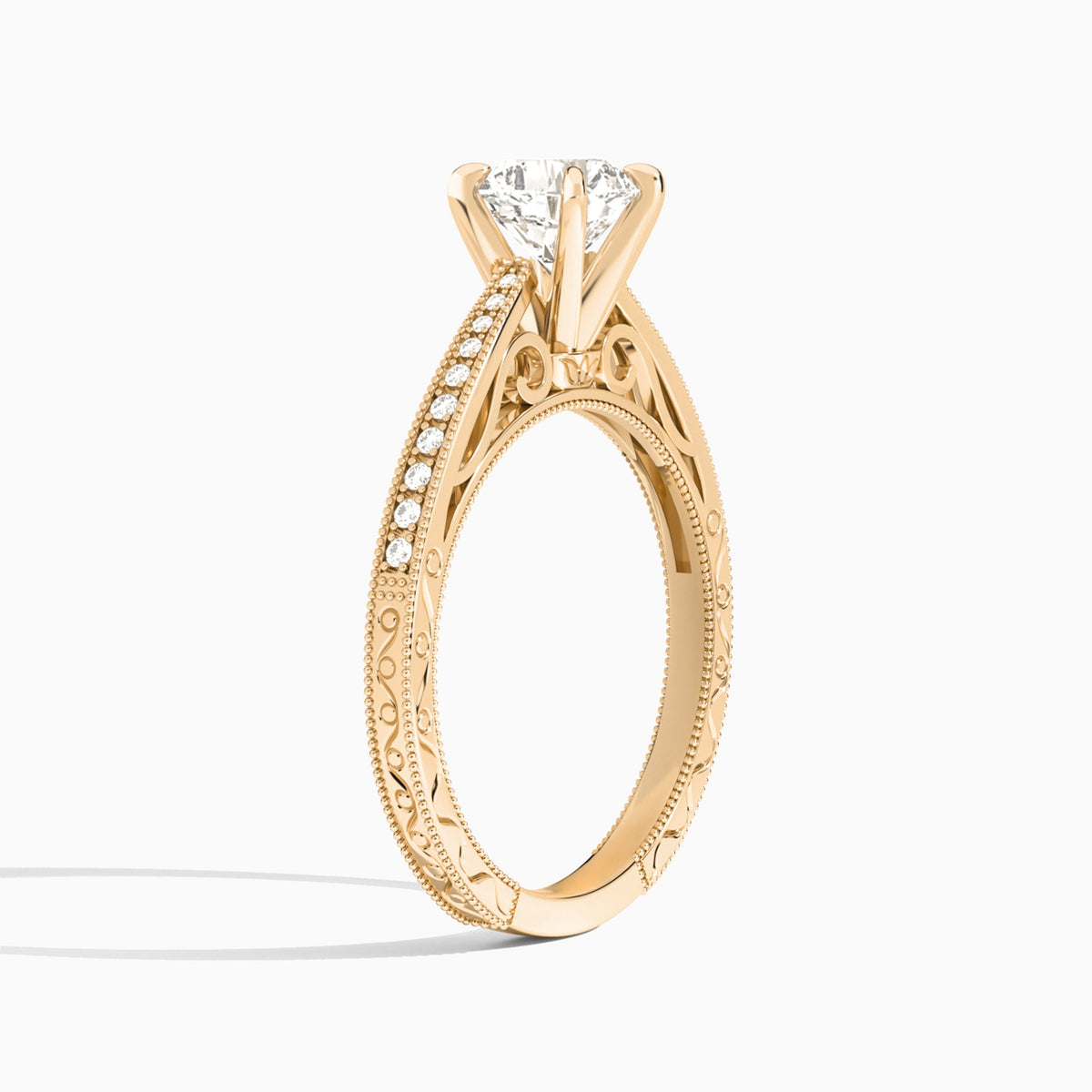 Cushion Engraved And Pavé Lab Grown Diamond Engagement Ring In 14K Rose Gold, Angle View