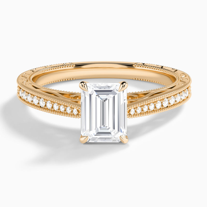 Emerald Engraved And Pavé Lab Grown Diamond Engagement Ring In 14K Rose Gold - Lucenjuri