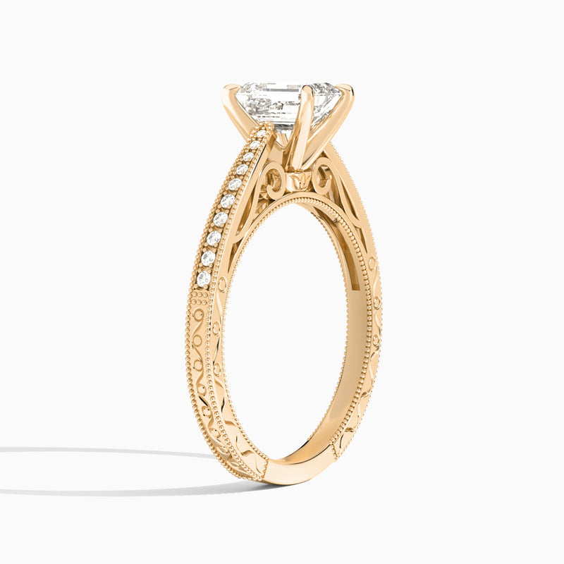 Emerald Engraved And Pavé Lab Grown Diamond Engagement Ring In 14K Rose Gold, Angle View