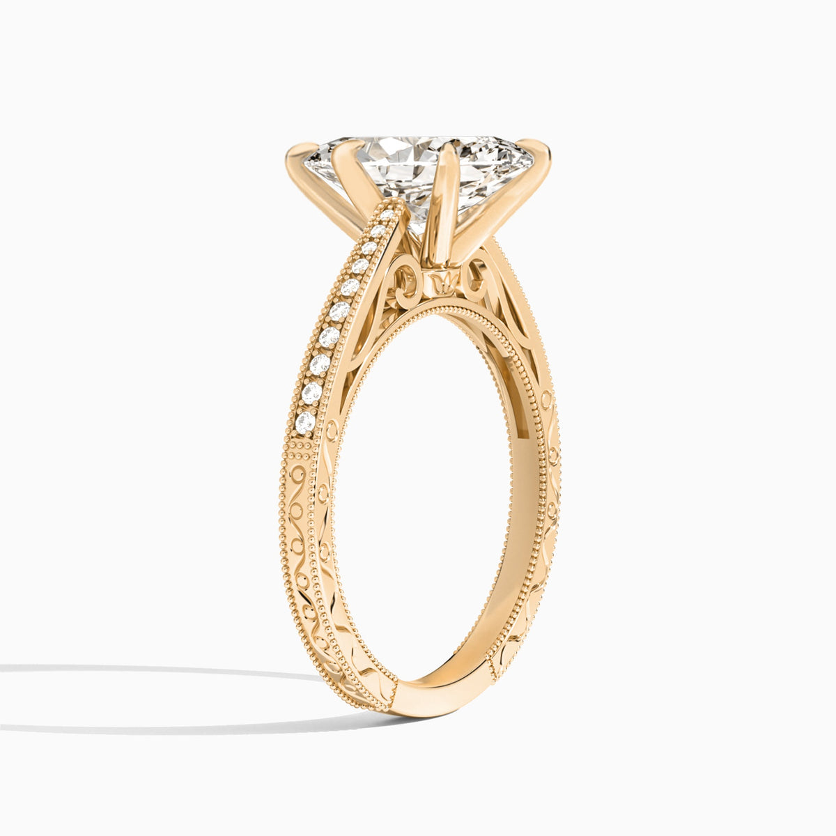 Marquise Engraved And Pavé Lab Grown Diamond Engagement Ring In 14K Rose Gold, Angle View