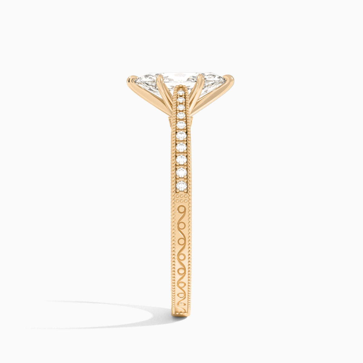 Marquise Engraved And Pavé Lab Grown Diamond Engagement Ring In 14K Rose Gold, Side View