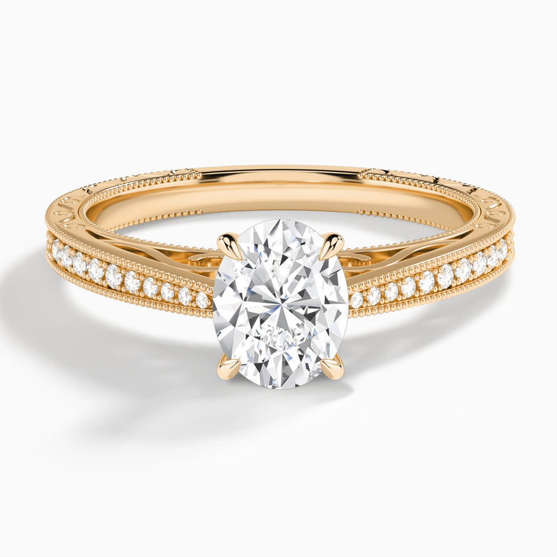 Oval Engraved And Pavé Lab Grown Diamond Engagement Ring In 14K Rose Gold - Lucenjuri