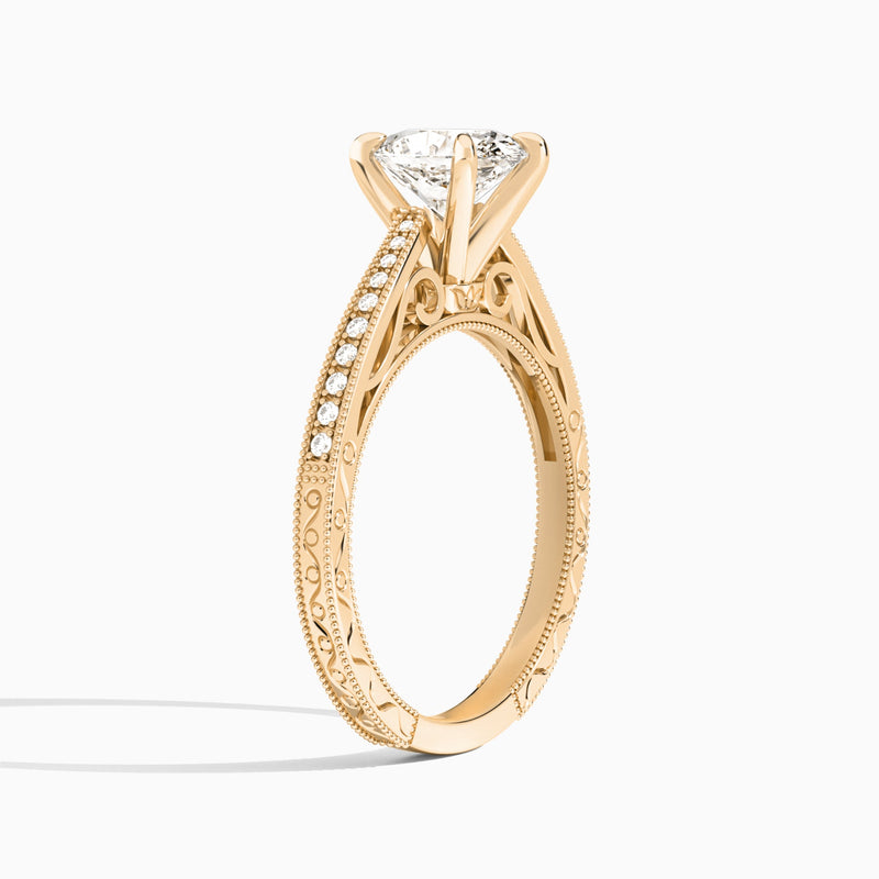 Oval Engraved And Pavé Lab Grown Diamond Engagement Ring In 14K Rose Gold, Angle View