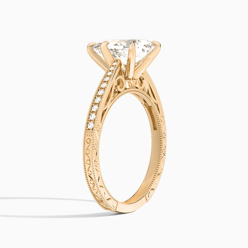 Pear Engraved And Pavé Lab Grown Diamond Engagement Ring In 14K Rose Gold, Angle View