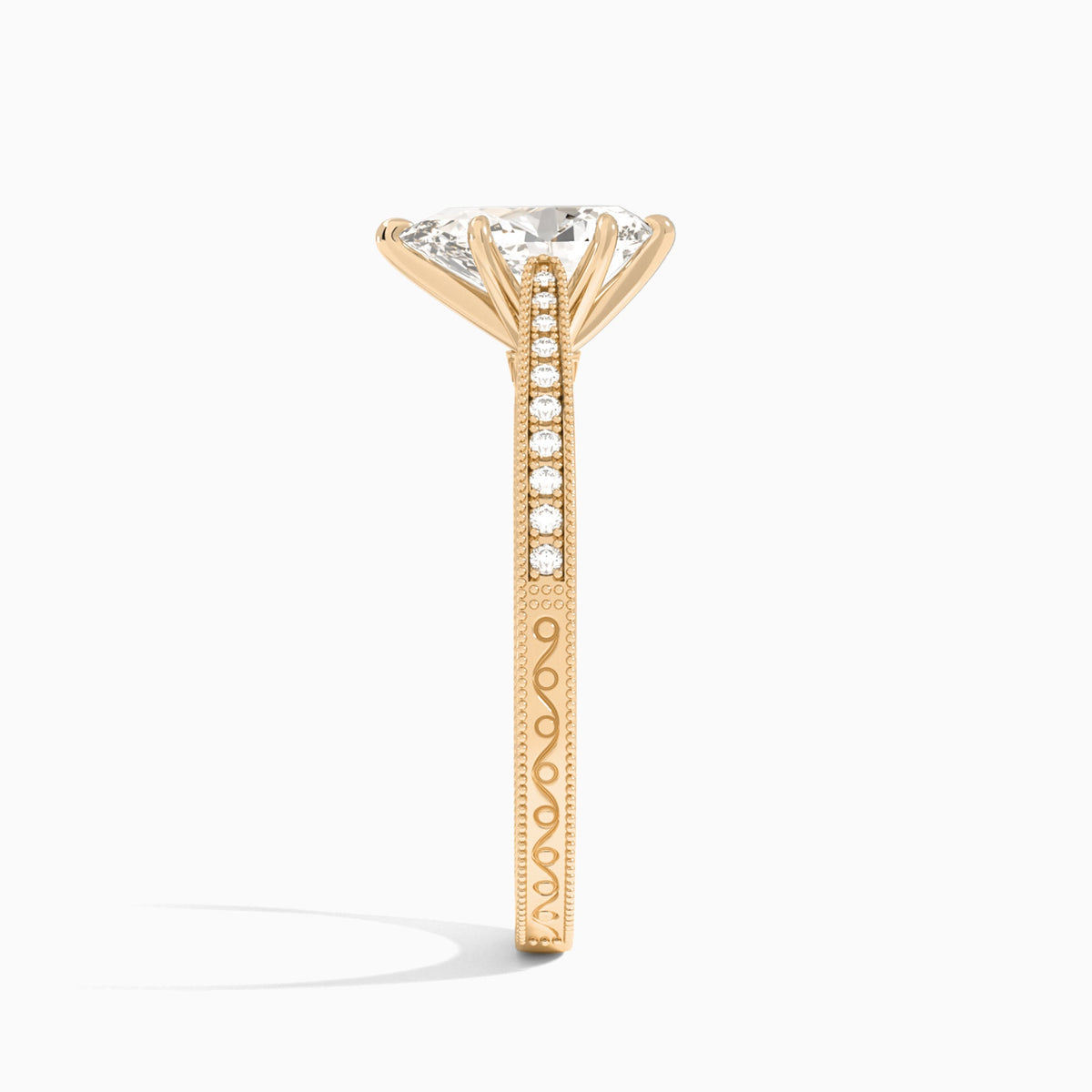 Pear Engraved And Pavé Lab Grown Diamond Engagement Ring In 14K Rose Gold, Side View