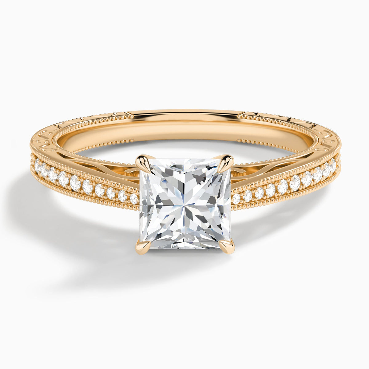Princess Engraved And Pavé Lab Grown Diamond Engagement Ring In 14K Rose Gold - Lucenjuri