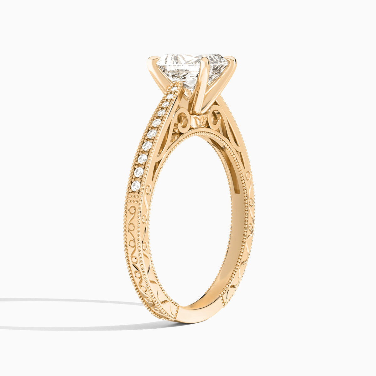 Radiant Engraved And Pavé Lab Grown Diamond Engagement Ring In 14K Rose Gold, Angle View