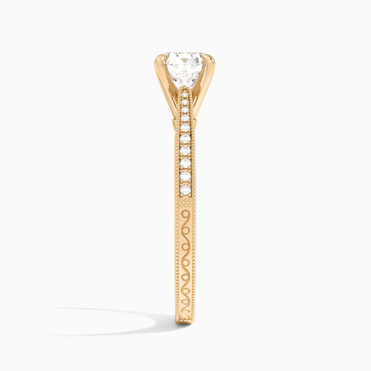 Round Engraved And Pavé Lab Grown Diamond Engagement Ring In 14K Rose Gold, Side View