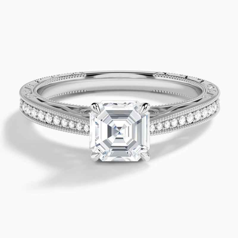 Asscher Engraved And Pavé Lab Grown Diamond Engagement Ring In 14K White Gold - Lucenjuri