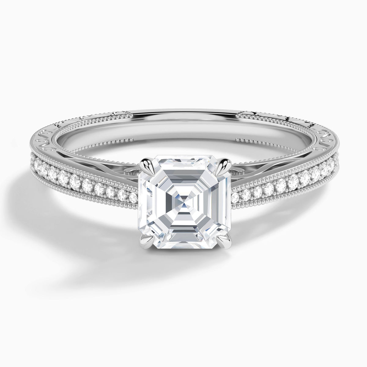 Asscher Engraved And Pavé Lab Grown Diamond Engagement Ring In 14K White Gold - Lucenjuri