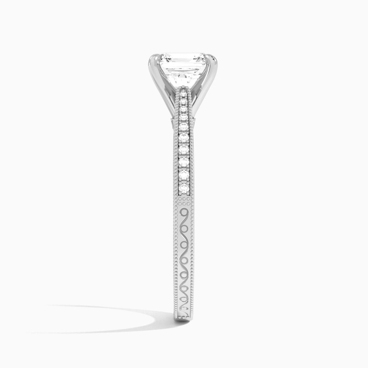 Asscher Engraved And Pavé Lab Grown Diamond Engagement Ring In 14K White Gold, Side View