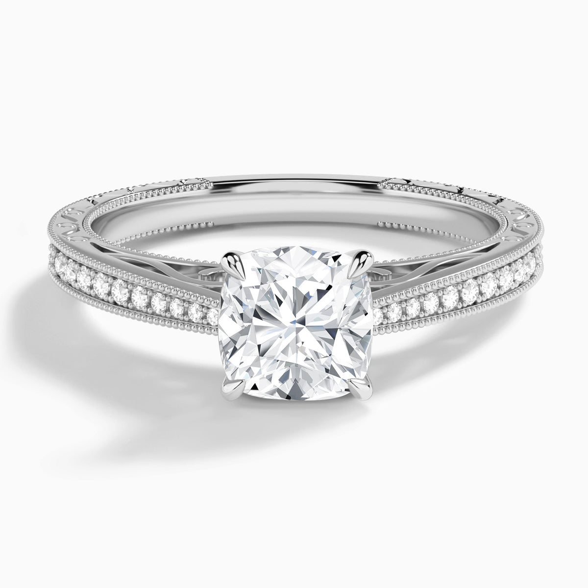 Cushion Engraved And Pavé Lab Grown Diamond Engagement Ring In 14K White Gold - Lucenjuri