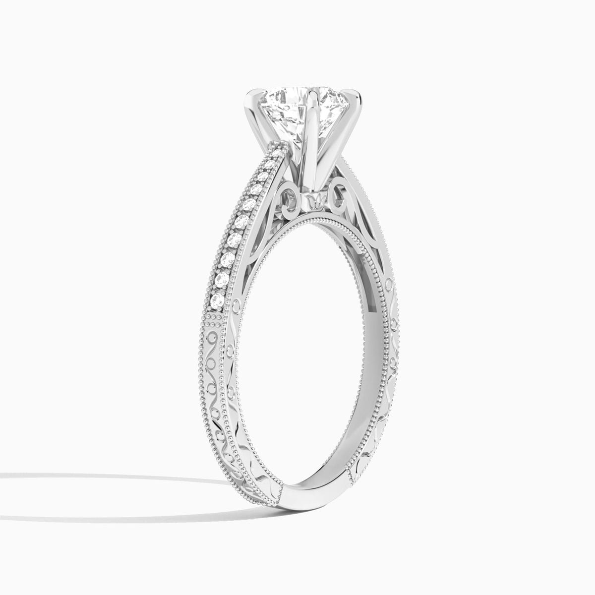 Cushion Engraved And Pavé Lab Grown Diamond Engagement Ring In 18K White Gold, Angle View