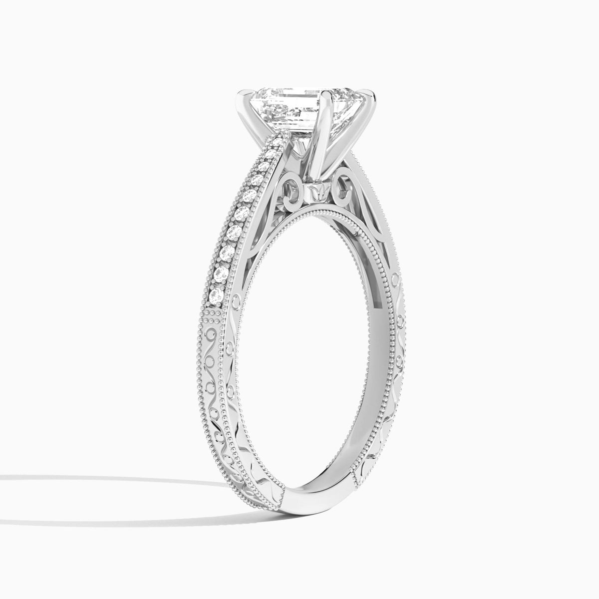 Emerald Engraved And Pavé Lab Grown Diamond Engagement Ring In 18K White Gold, Angle View