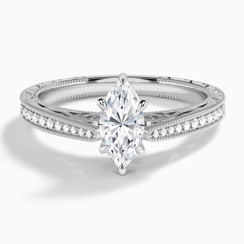 Marquise Engraved And Pavé Lab Grown Diamond Engagement Ring In 18K White Gold - Lucenjuri