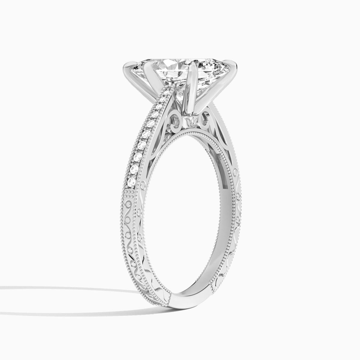 Marquise Engraved And Pavé Lab Grown Diamond Engagement Ring In 18K White Gold, Angle View