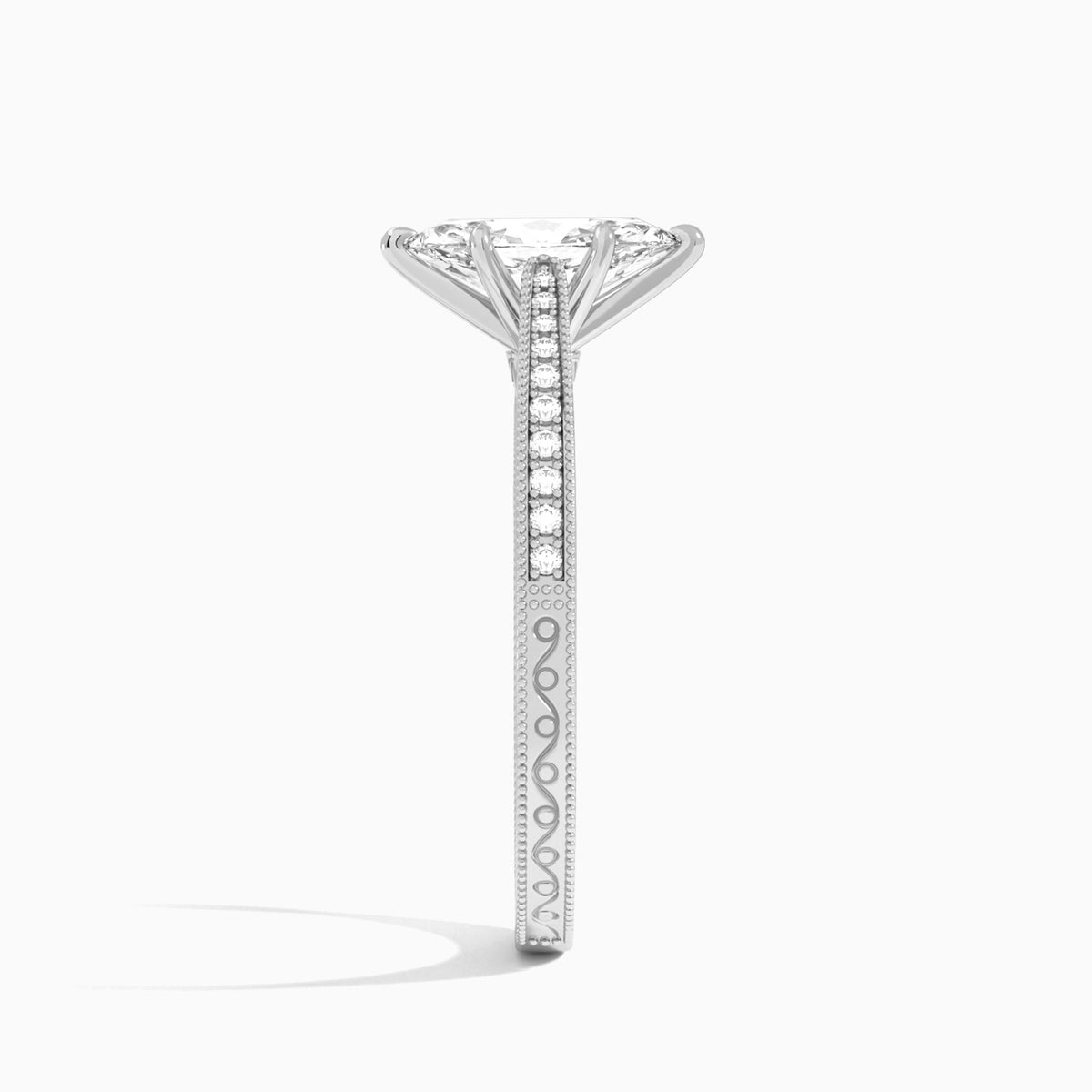 Marquise Engraved And Pavé Lab Grown Diamond Engagement Ring In 18K White Gold, Side View
