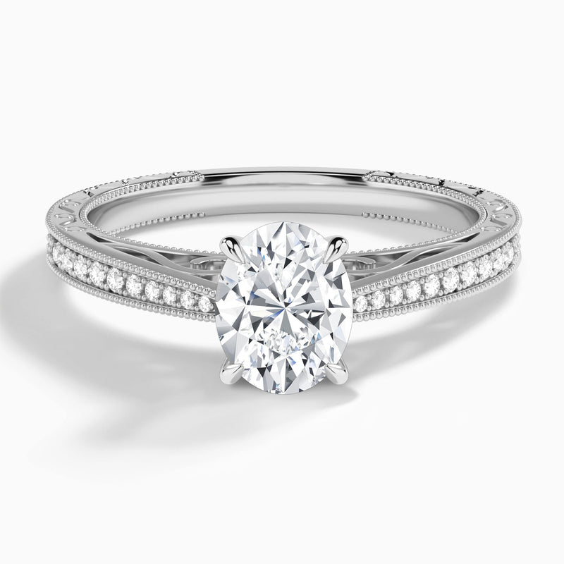 Oval Engraved And Pavé Lab Grown Diamond Engagement Ring In 18K White Gold - Lucenjuri