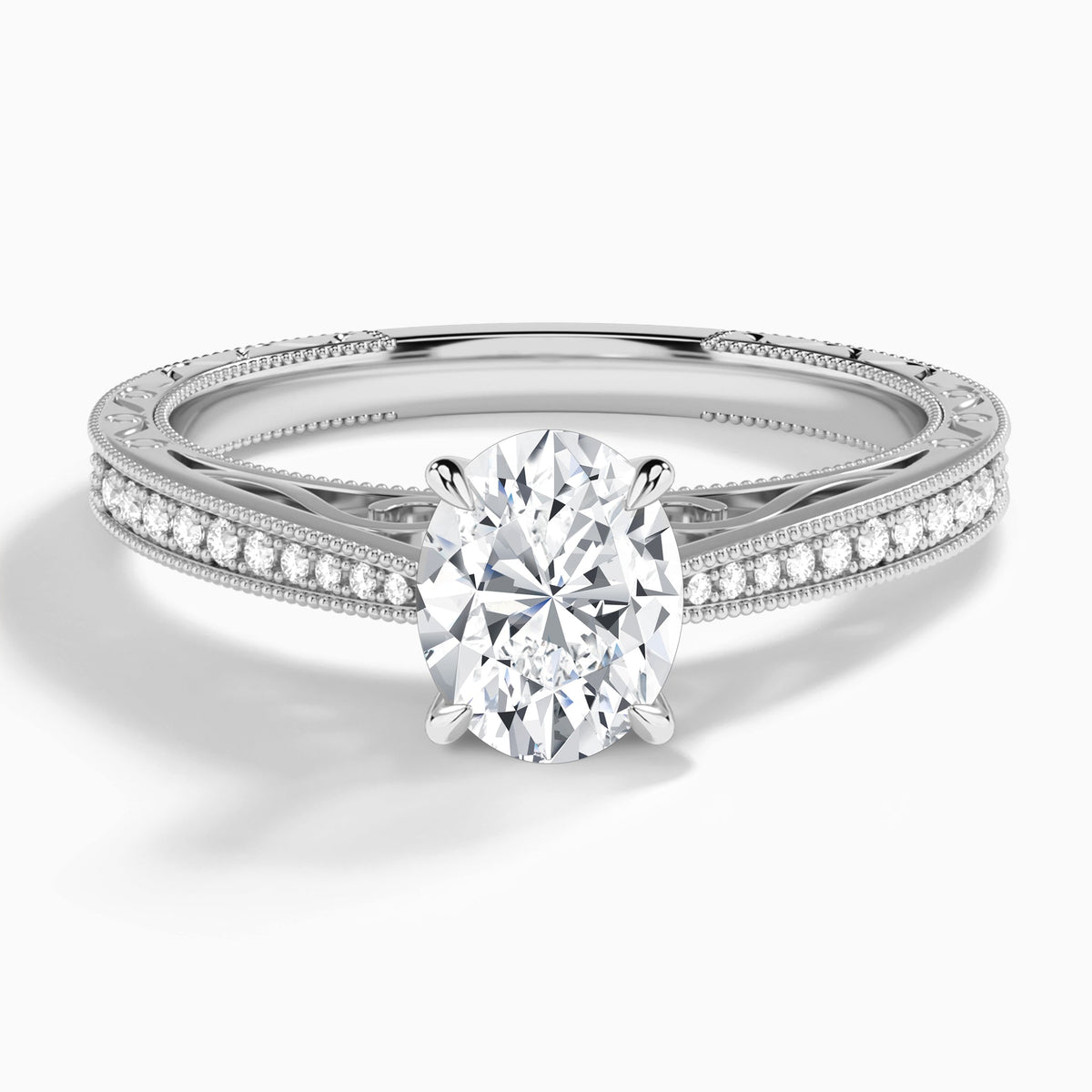 Oval Engraved And Pavé Lab Grown Diamond Engagement Ring In 18K White Gold - Lucenjuri